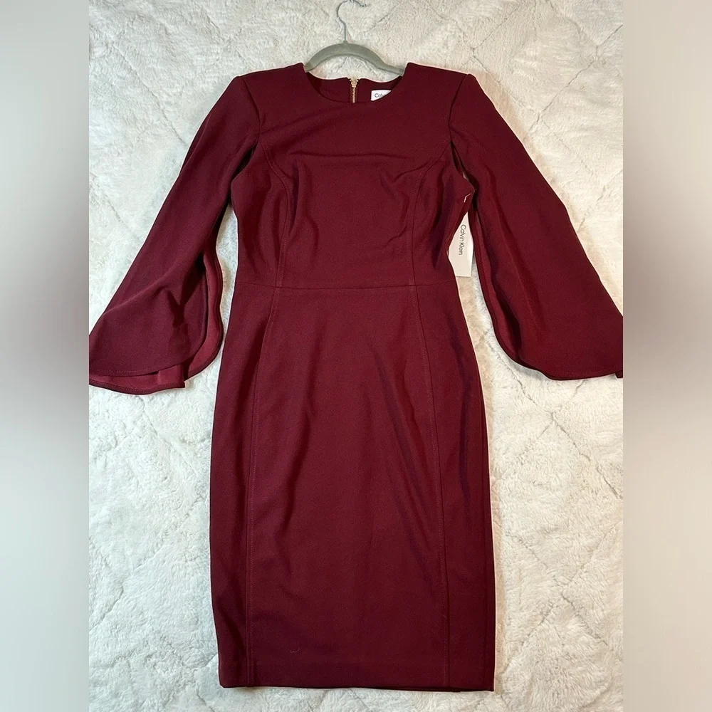 Calvin Klein women’s size 4 maroon dress split sleeve mid length winged sleeve